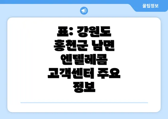 표: 강원도 홍천군 남면 엔텔레콤 고객센터 주요 정보